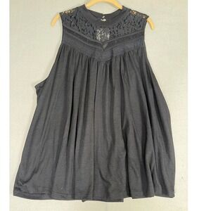 Massini Womens 2X Black Lace Yoke Mock Neck Sleeveless Flowy Top Slub Knit 0694
